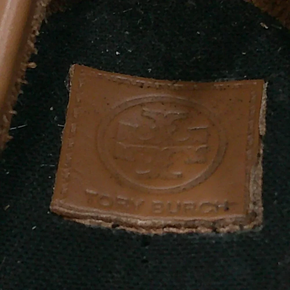 Tory Burch Old Money Black & Tan Majorca Peep Toe Wedge Espadrille Size 38 1/2